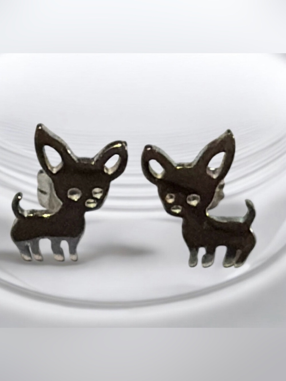 Cute Chihuahua Dog Stud Earrings in Shiny Silver tone